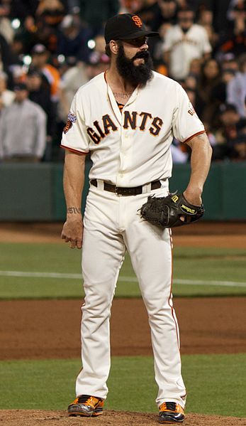 Brian Wilson pitching for the San Francisco Giants in 2011. Photo retrieved from Wikipedia Commons